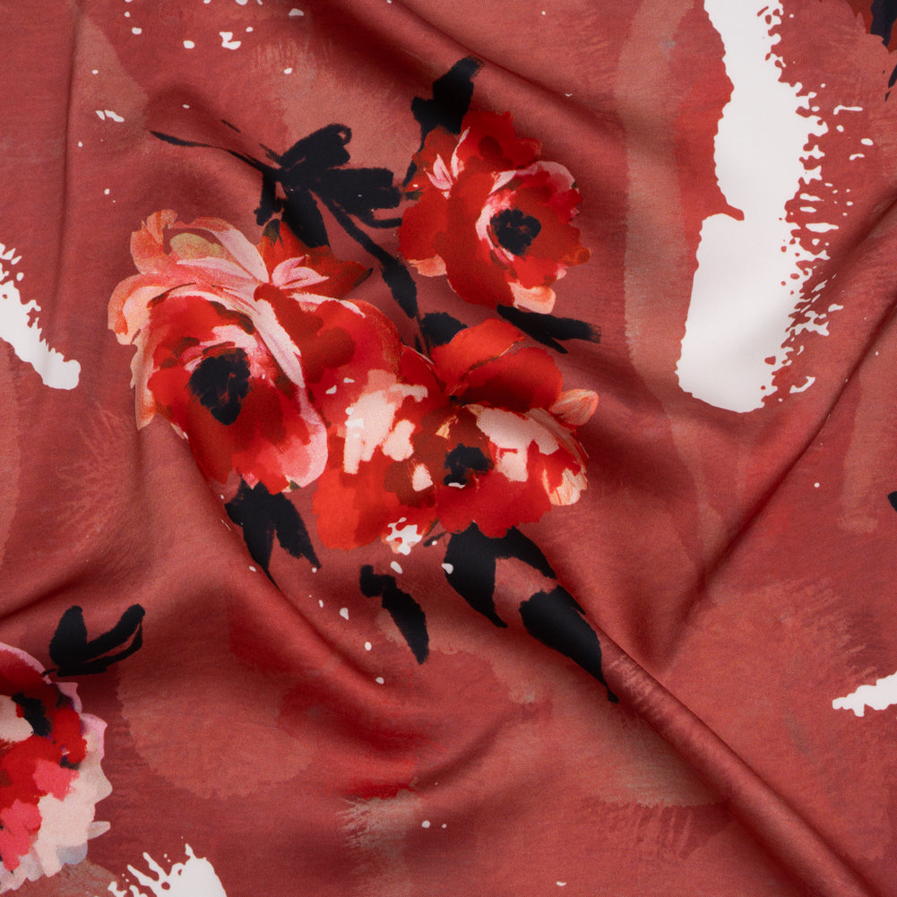 Polyester Satin - Hibiscus, Scarlet Red and Black Roses and Brushstrokes - Mood Exclusive Feel the Flow Print - Joann Fabrics