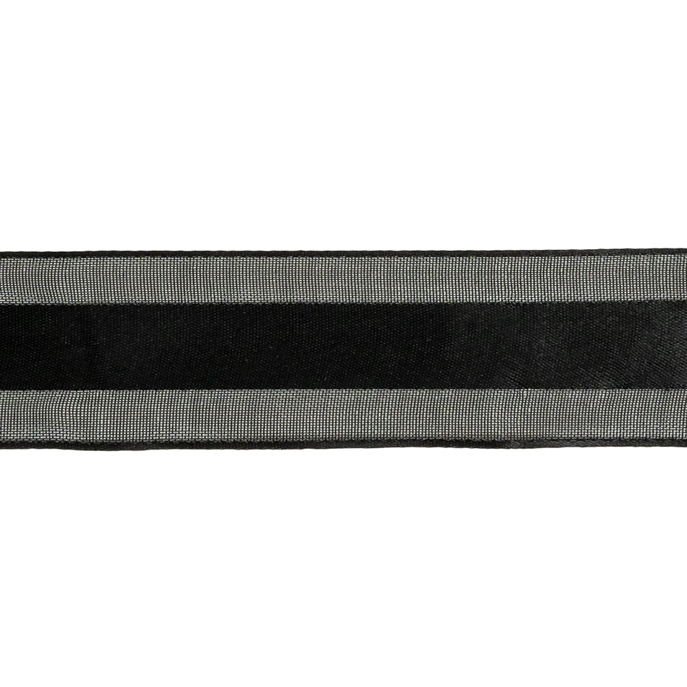 Black Double Faced Satin Ribbon with Sheer Woven Borders - 0.9375