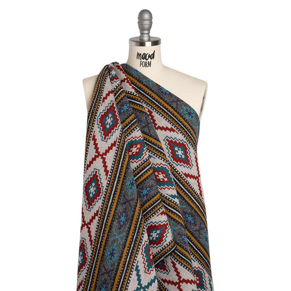 Heavy Wool Blend Jacquard - Turquoise, Mustard Yellow and Red Southwestern Geometric Stripes - Deadstock - Joann Fabrics