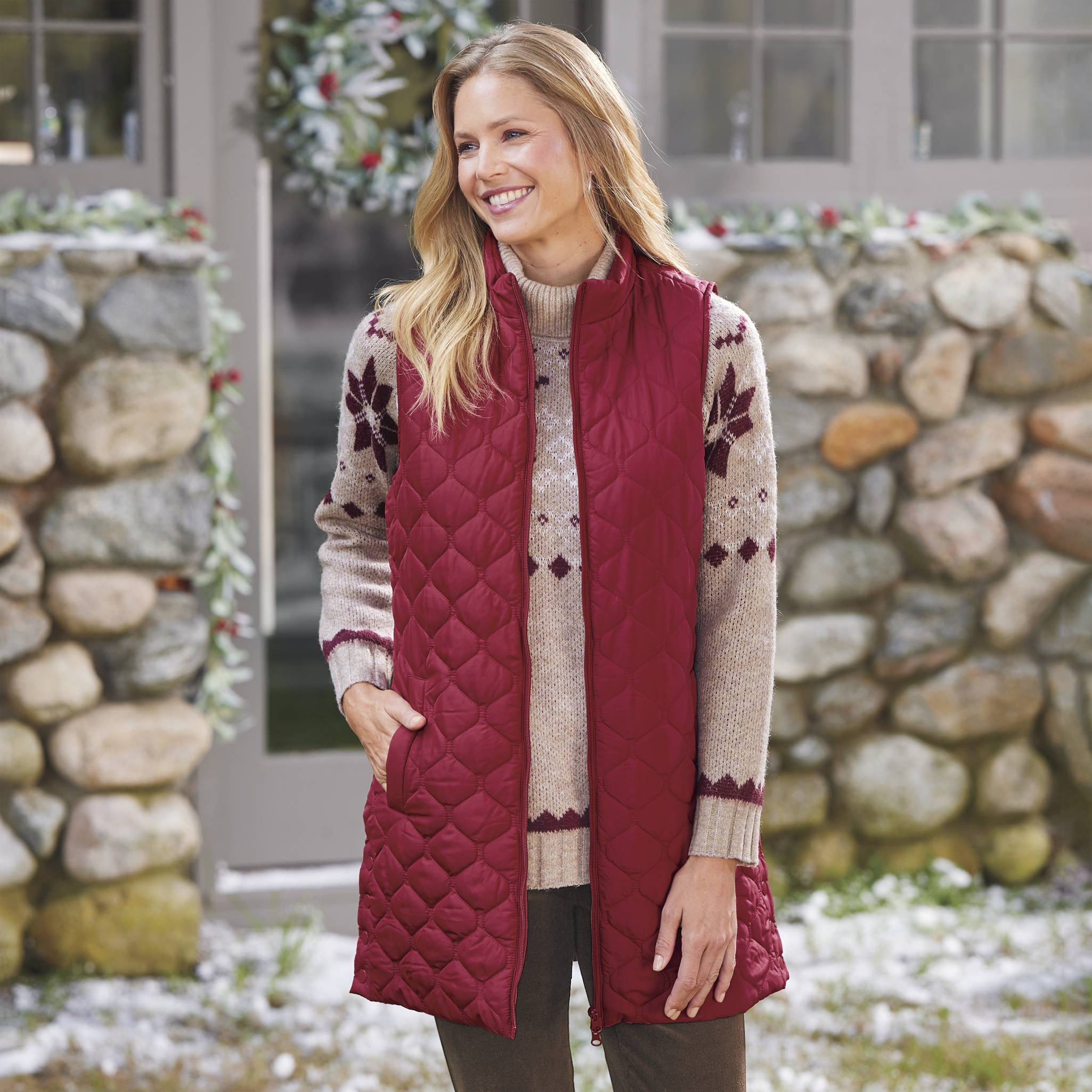 Side-Snap Quilted Long Vest, Front Zip, Hand Pockets, Side Slits - Northstyle Catalog