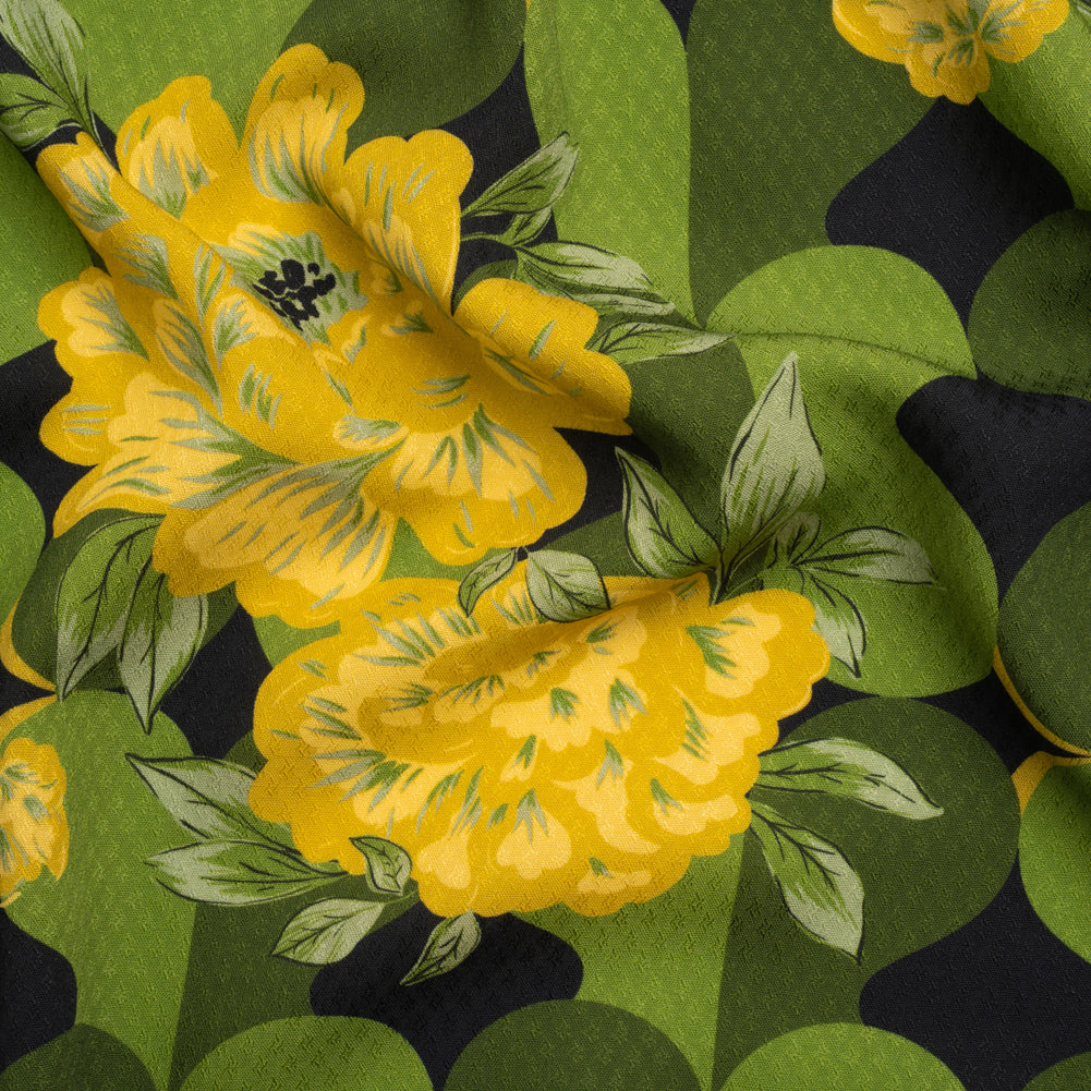 Sustainable Viscose Floral Jacquard Print - Green, Yellow and Black Floral and Abstract - Mood Exclusive Hip Hydrangea - Joann Fabrics