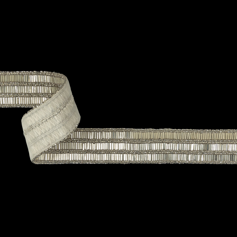 Vintage Silver Lined 3 Row Bugle and Seed Bead Striped Trim - 1.375