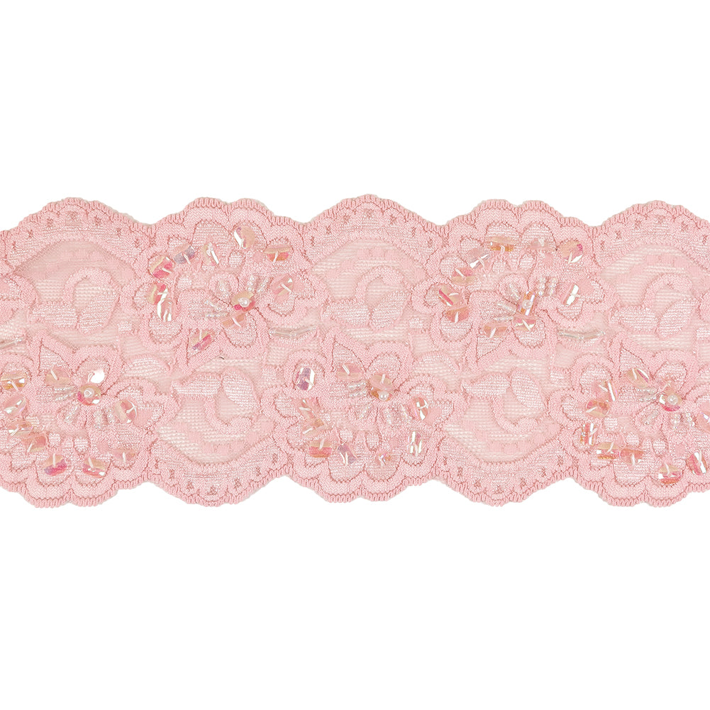 Pink Floral Beaded and Sequined Stretch Lace Trim with Finished Scalloped Edges - 3.5