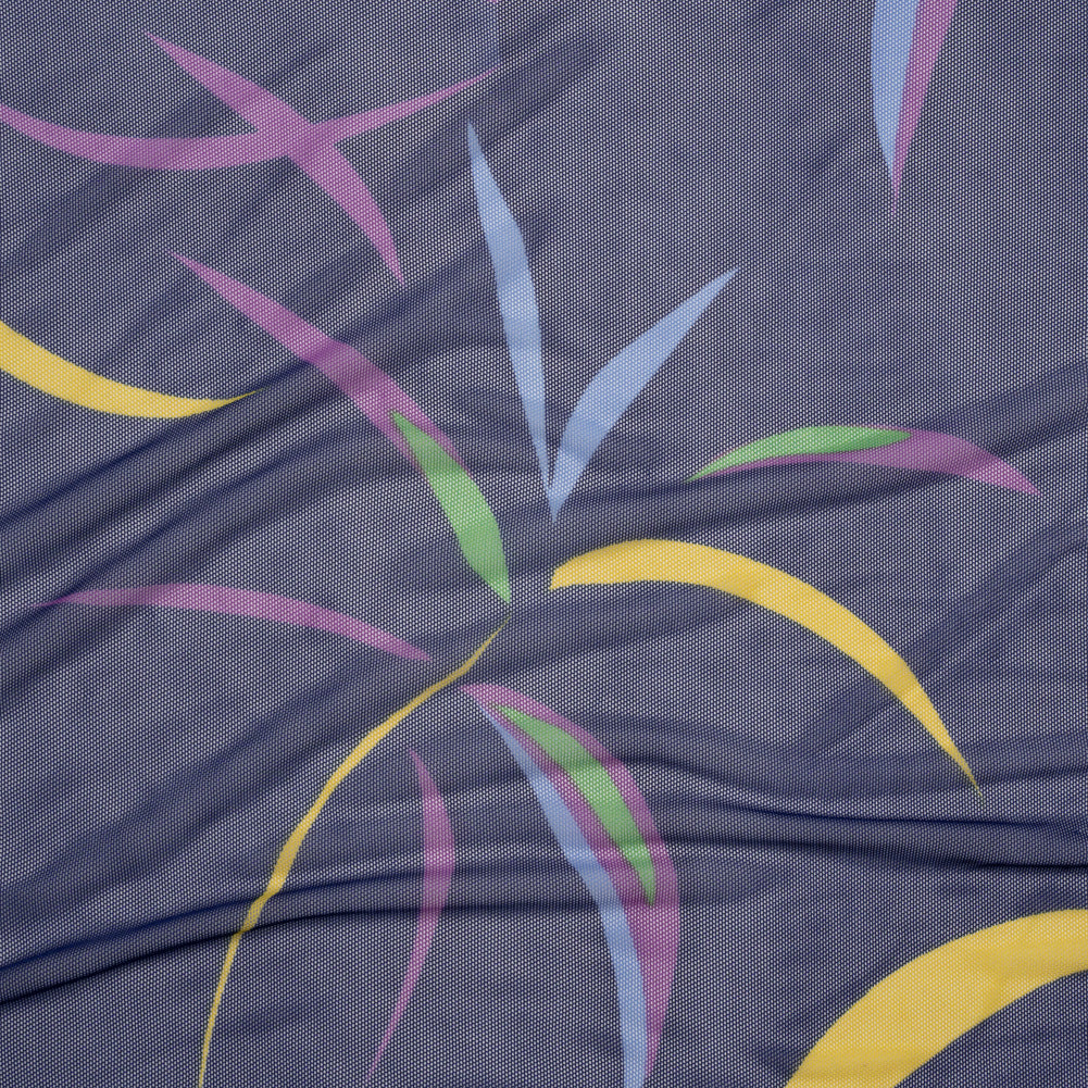 Polyester Stretch Mesh - Navy Blue, Purple and Green Leaf Party - Designer Deadstock - Joann Fabrics