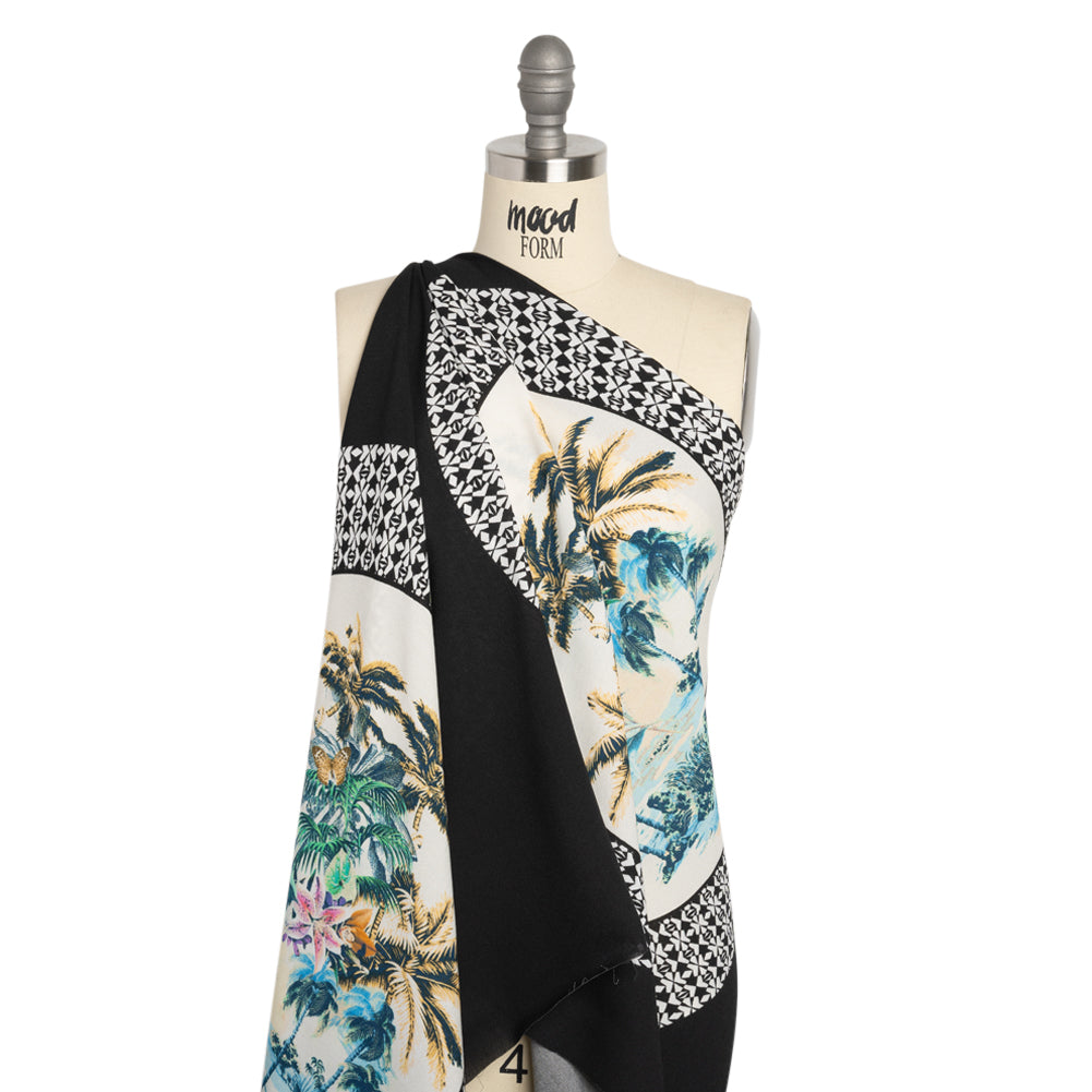 Viscose Crepe Print - Black, White and Blue Palm Tree Circles - Mood Exclusive Picturesque Porthole - Joann Fabrics