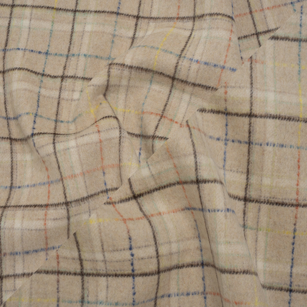 Brushed Wool Double Cloth Coating - Beige, Dark Brown and Blue Plaid - Deadstock - Joann Fabrics