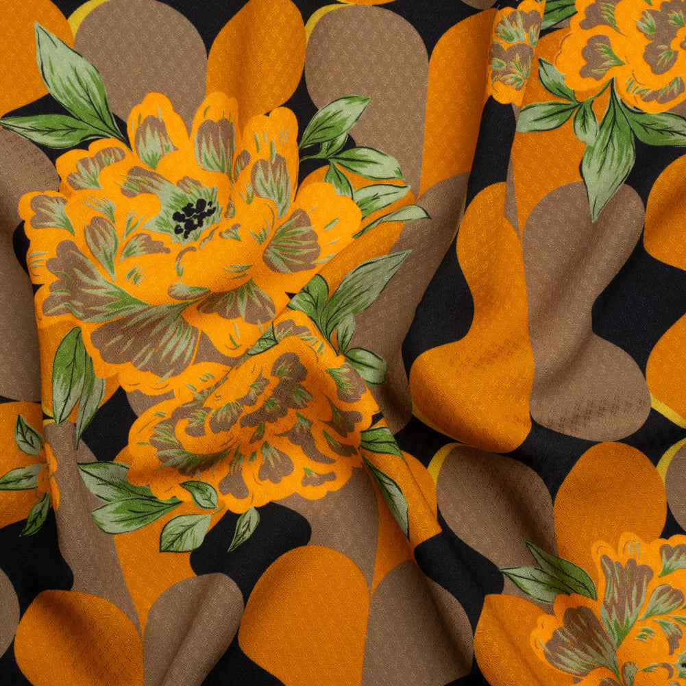 Sustainable Viscose Floral Jacquard Print - Orange, Green and Black Floral and Abstract - Mood Exclusive Hip Hydrangea - Joann Fabrics
