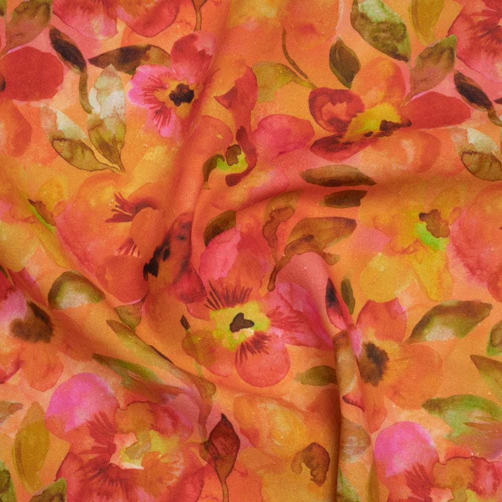 Linen and Rayon Woven - Orange, Pink and Olive Green Watercolor Flowers - Mood Exclusive Pick Your Posy Print - Joann Fabrics