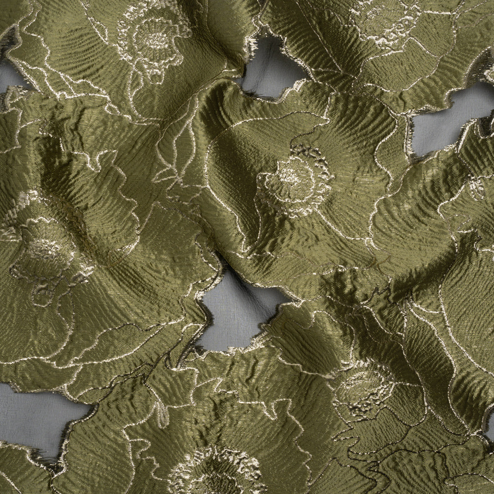 Metallic Burnout Brocade - Olive Green and Gold All-Over Outlined Flowers - Joann Fabrics