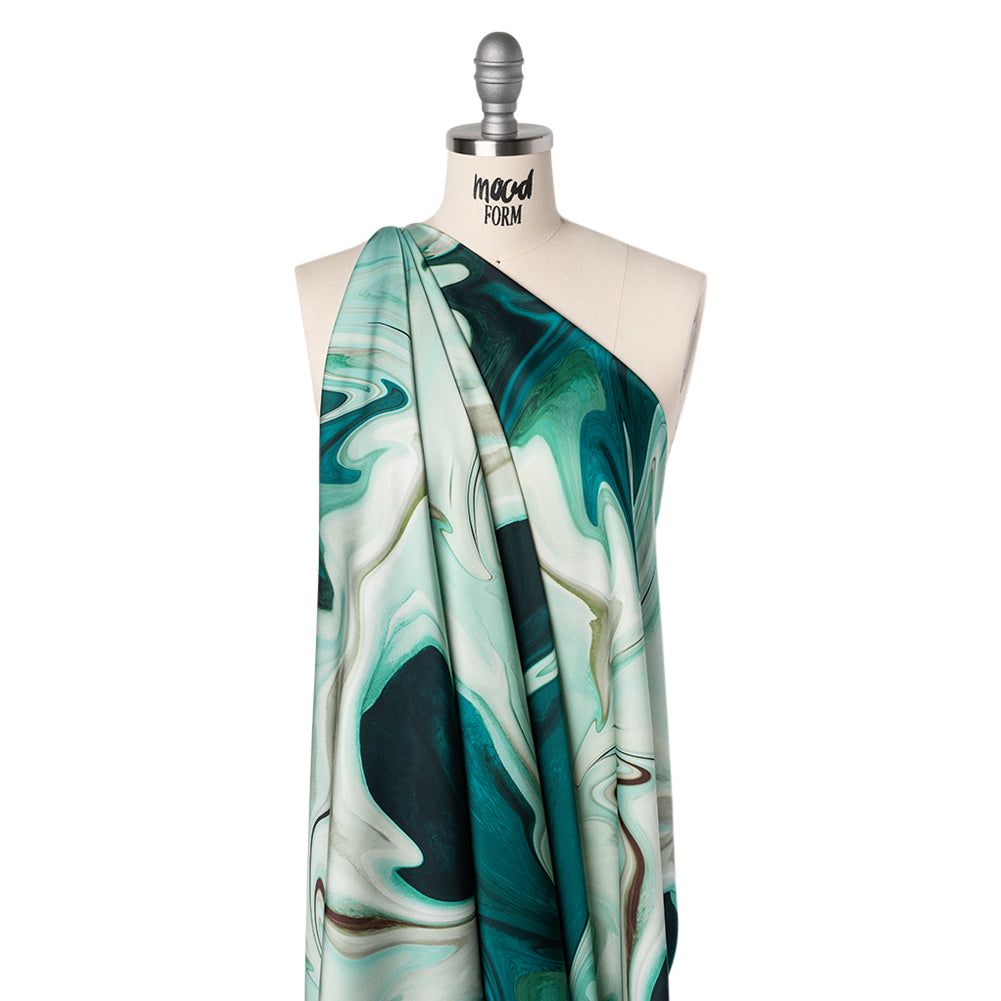 Polyester Satin - Sea Green and Beige Liquid Swirls - Mood Exclusive Liquid Motion Print - Joann Fabrics