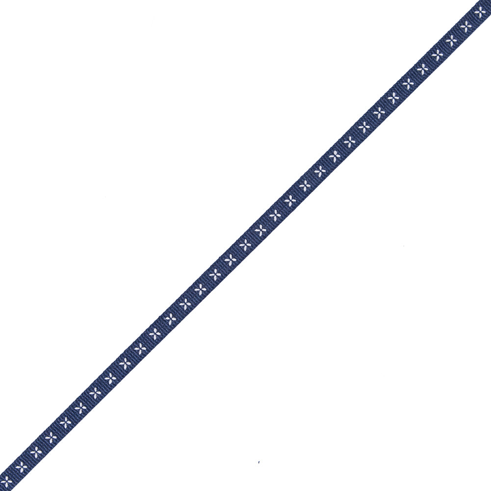 Navy and White Stitched Grosgrain Ribbon - 0.25