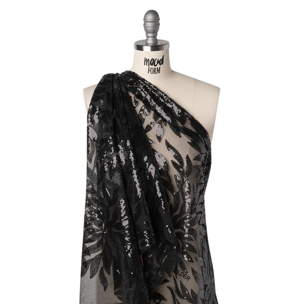 Sequined Polyester Tulle - Black Leaves - Designer Deadstock - Joann Fabrics