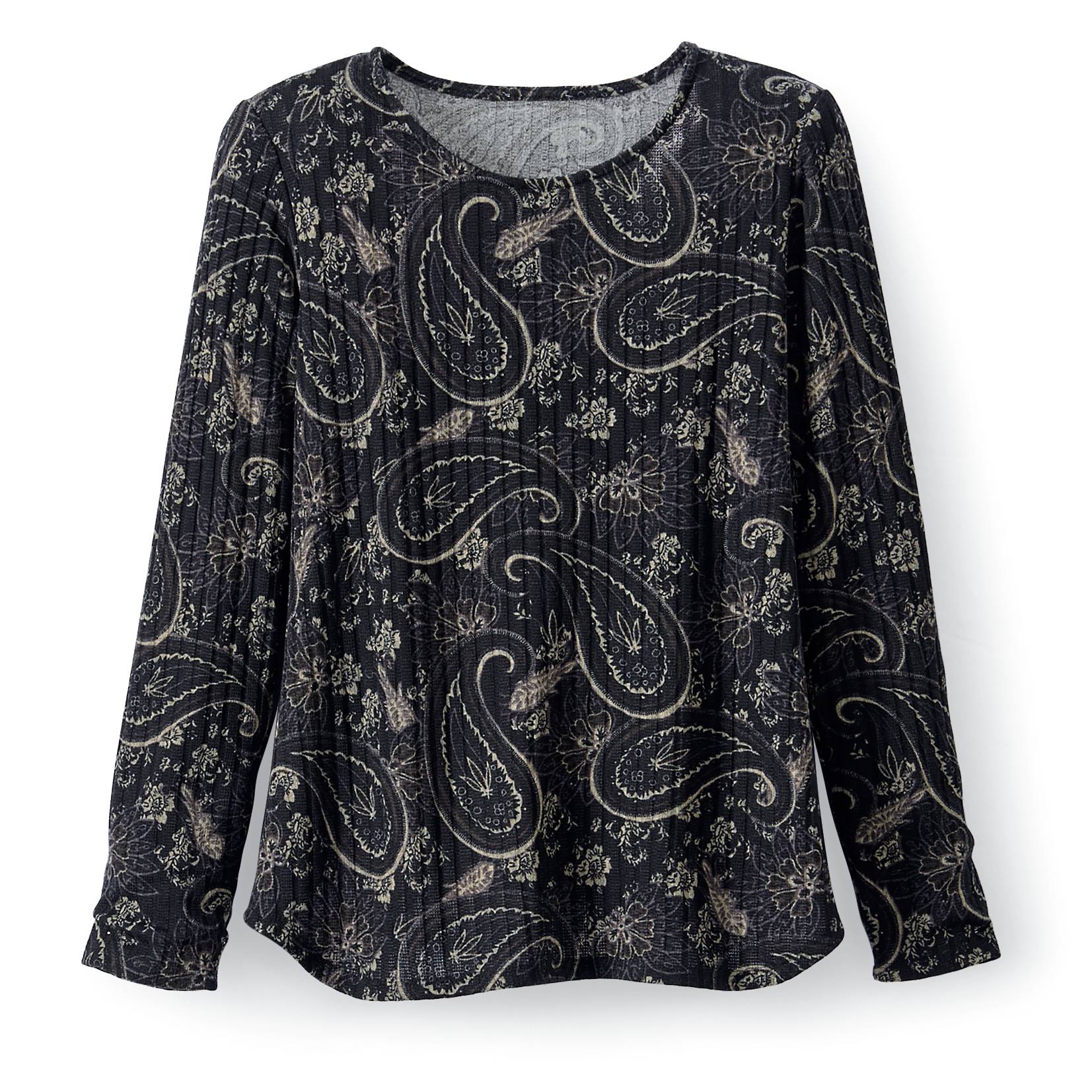 Ribbed Brushed Knit Paisley Top, Black, Curved Hem - Northstyle Catalog