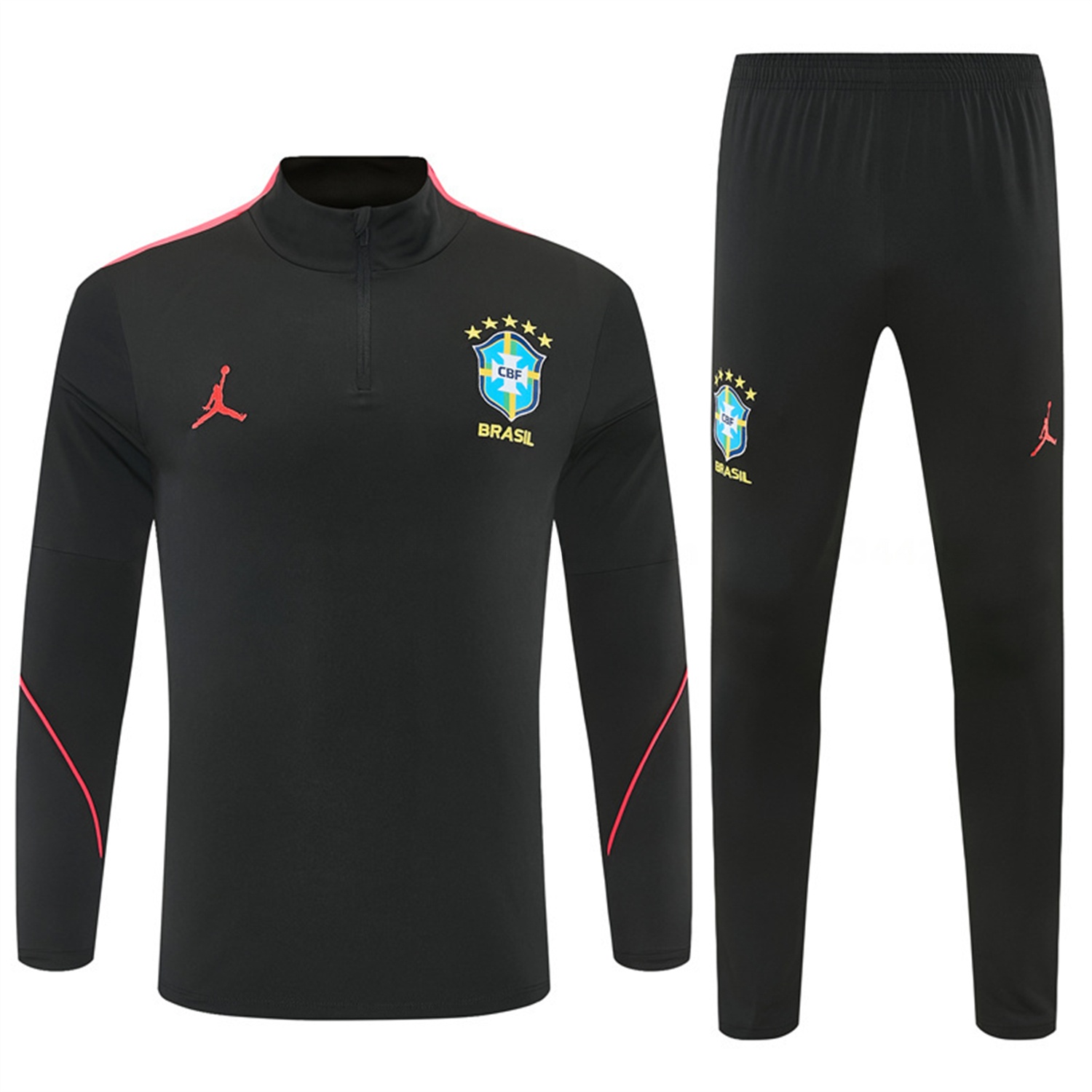 Brazil X JD 2026 Kids Long Sleeves Training Set - Black Top And Black Orange Pants - UnitedFutballJersey