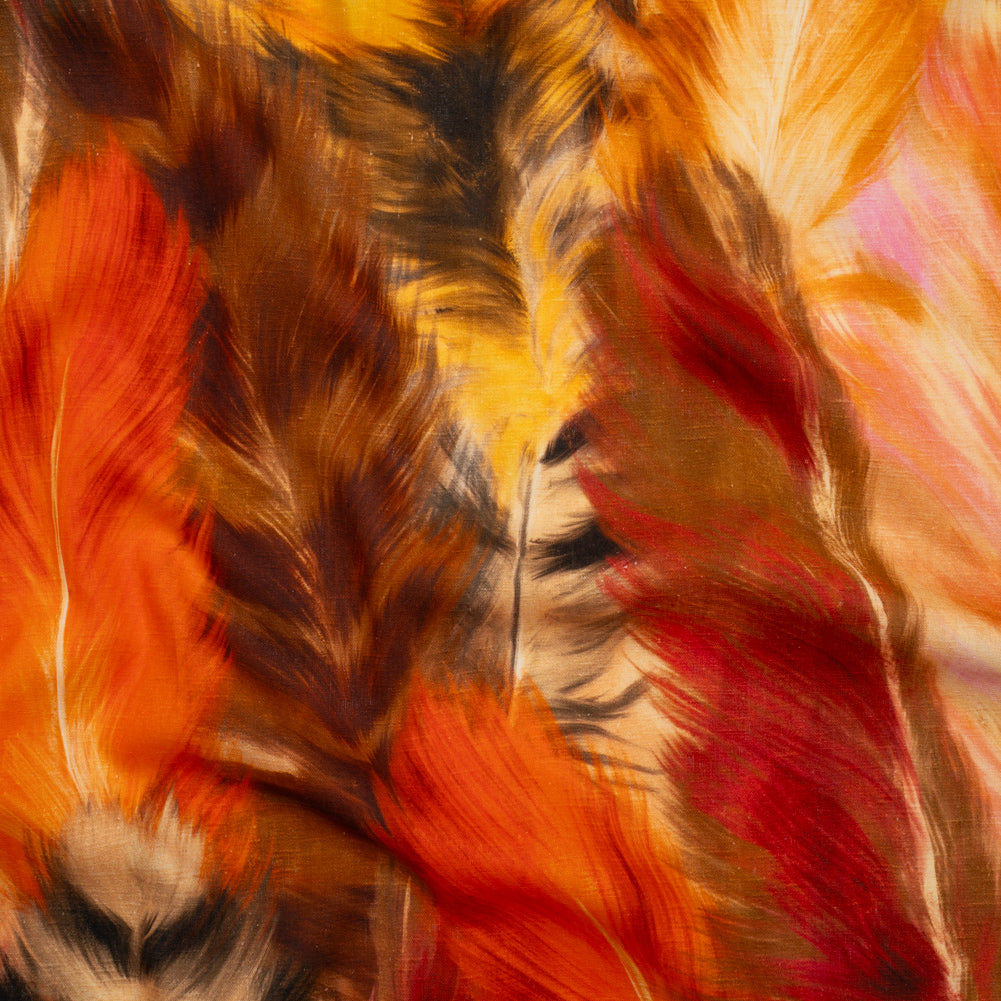 Linen and Rayon Woven - Orange, Goldenrod and Brown Feathers - Mood Exclusive Phoenix Feathers Print - Joann Fabrics