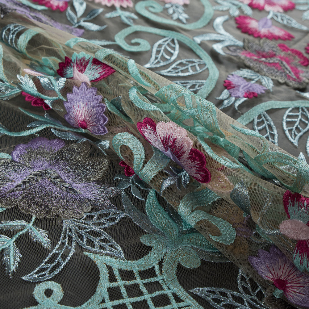 Embroidered Tulle Panel - Metallic Aqua and Fuchsia Floral - Joann Fabrics