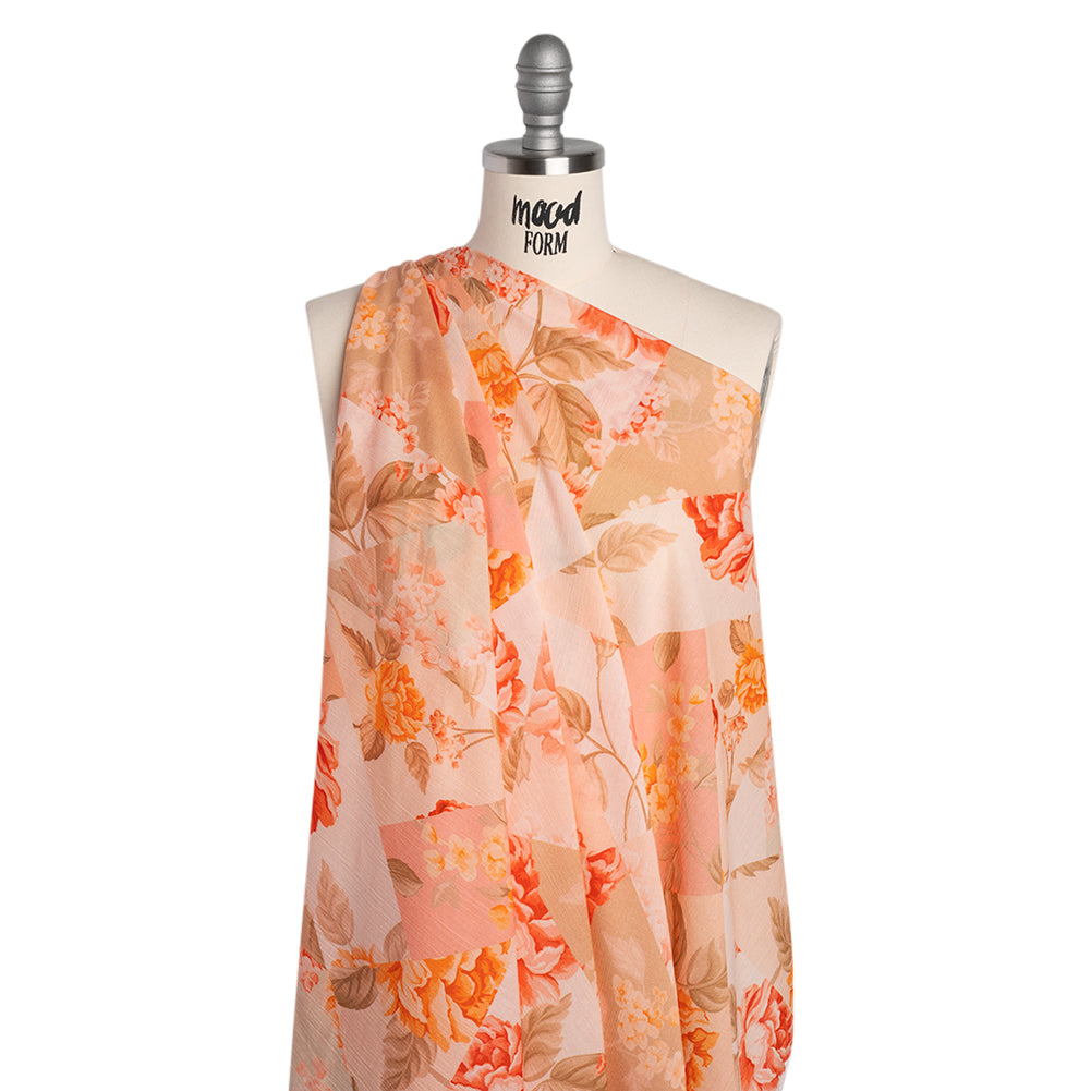 Crinkled Cotton Gauzy Woven - Peach, Orange and Sage Fractured Floral Patchwork - Mood Exclusive Cottage Curios Print - Joann Fabrics