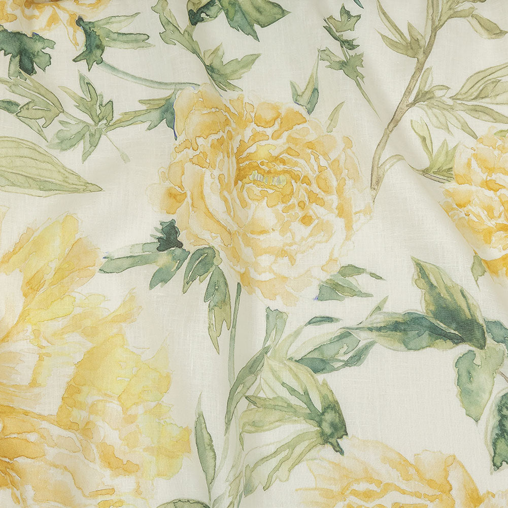 Yellow, Green and White Watercolor Roses Medium Weight Linen Woven - Joann Fabrics