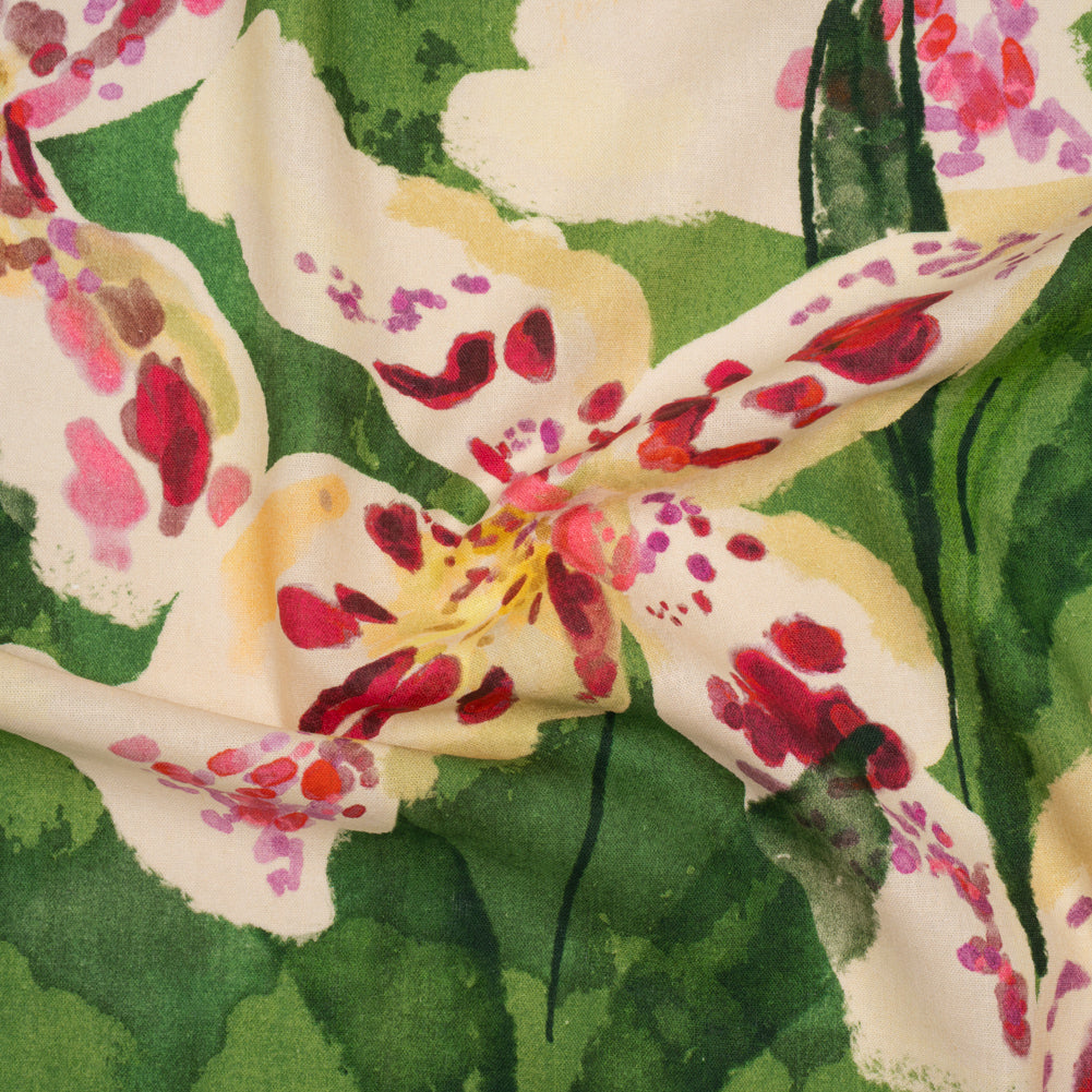 Linen and Rayon Woven - Green, Cream and Magenta Painterly Lilies - Mood Exclusive Petal Poesy Print - Joann Fabrics