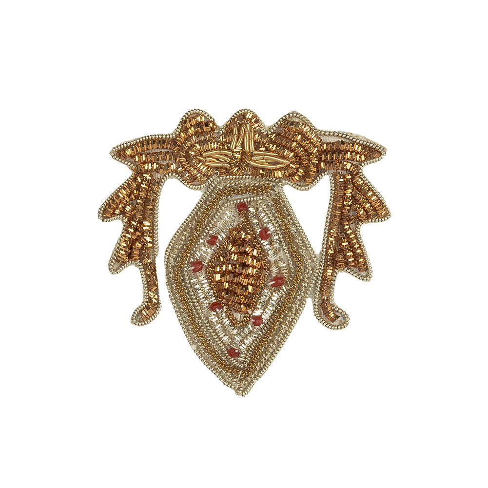 Vintage Metallic Gold and Red Diamond Crest Bullion Embroidered and Beaded Applique - 2.75
