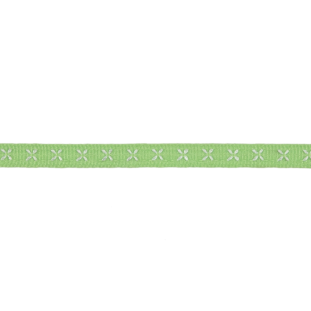 Spring Green Grosgrain Ribbon with Blanc de Blanc Stitched Flowers - 0.25