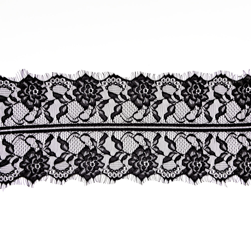 European Black Floral Scalloped Eyelash Lace Trim - 7.75