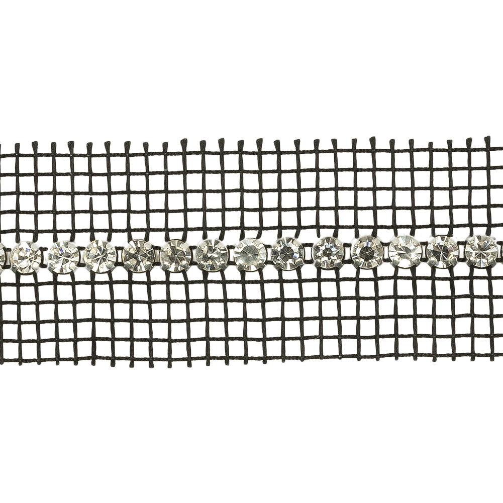 Vintage Crystal Single Row Rhinestone Trim on Black Mesh - 1.25