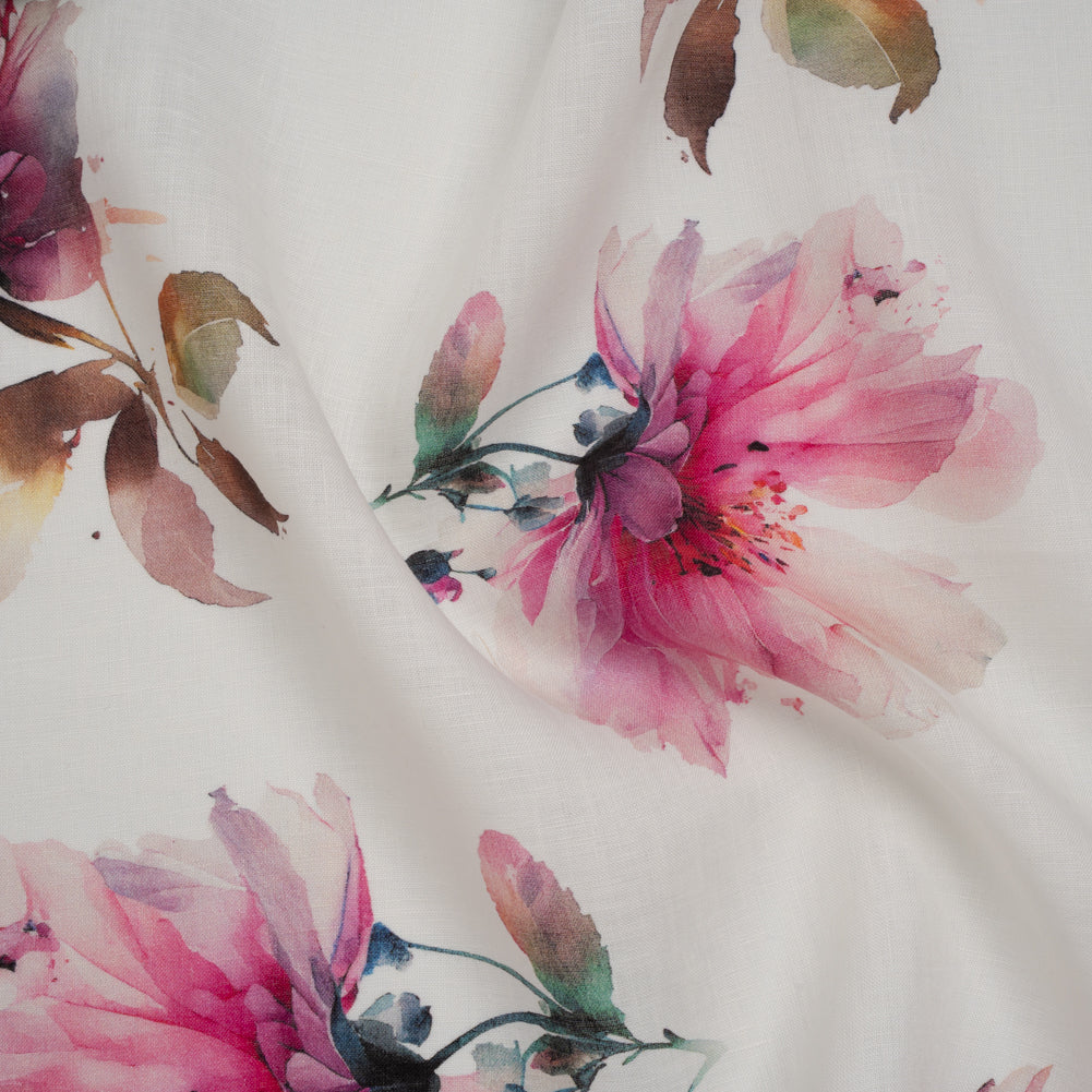 Medium Weight Linen Woven Print - Fuschia Pink on White Wild Roses - Joann Fabrics