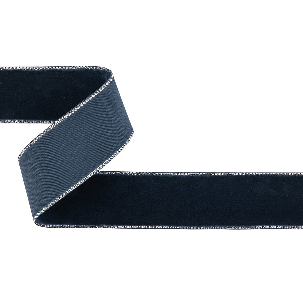 Dress Blues and Silver Metallic Lined Velvet Ribbon - 1