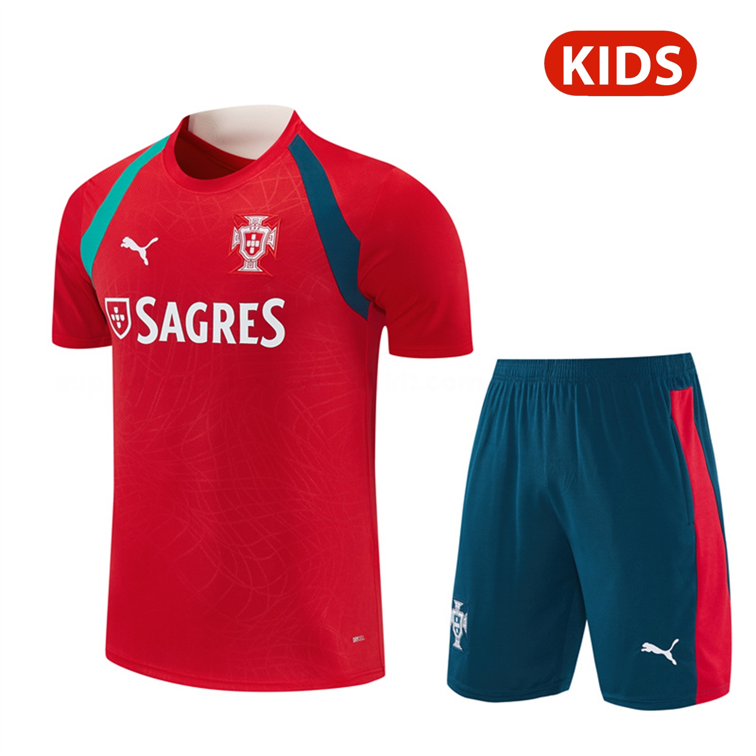 Portugal 2026 Kids Short-Sleeve Training Set - Colors Top & Dark Blue With Red Stripe Pants - UnitedFutballJersey