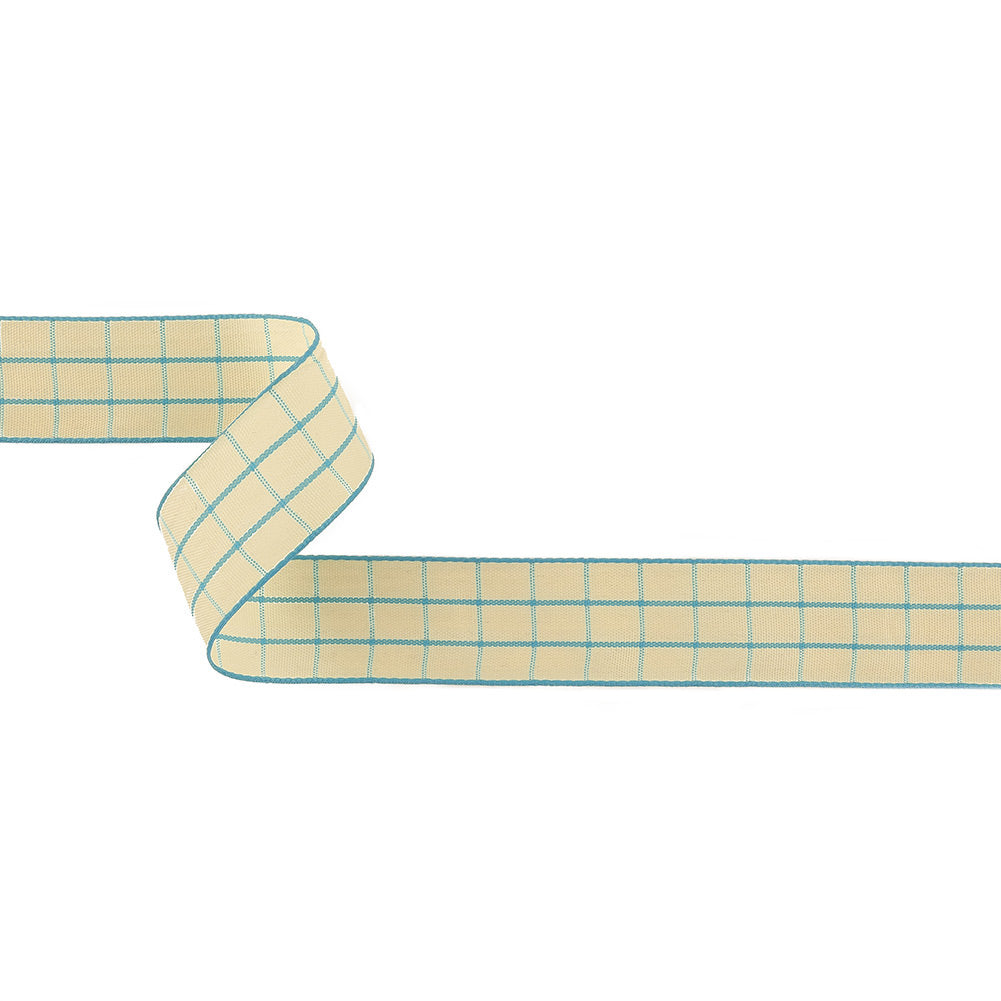 Baltic Sea and Ethereal Green Windowpane Check Woven Ribbon - 1