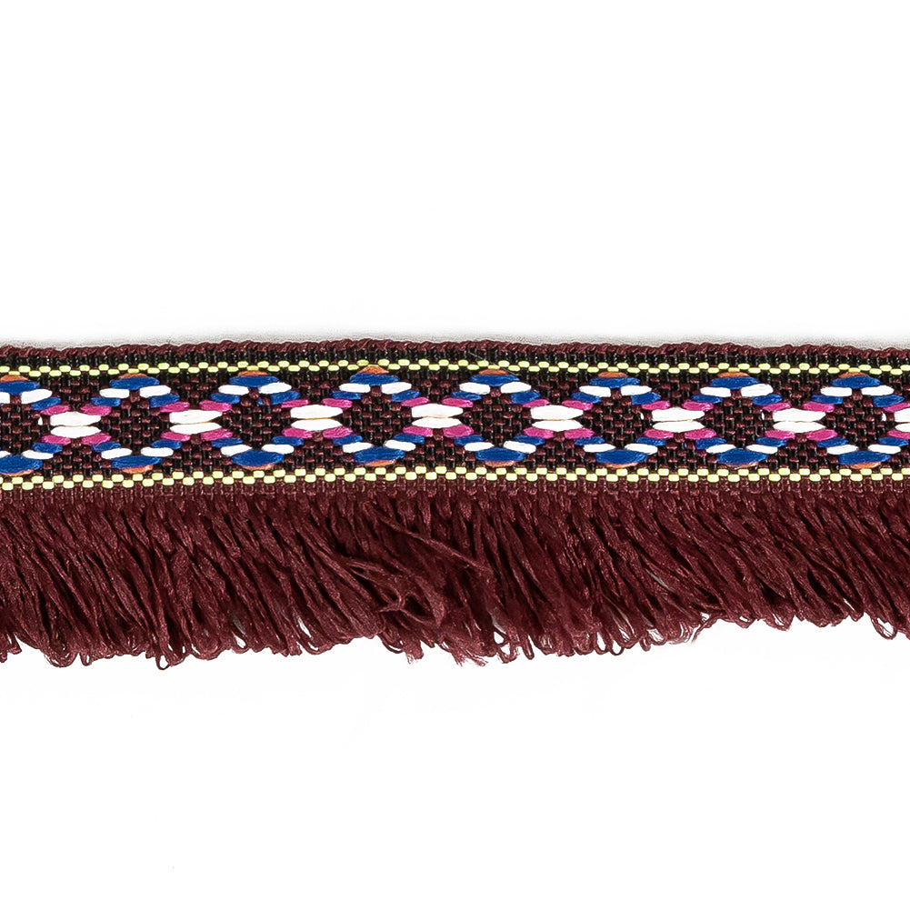 Multicolored and Burgundy Tribal Brushed Fringe Trim - 1.125