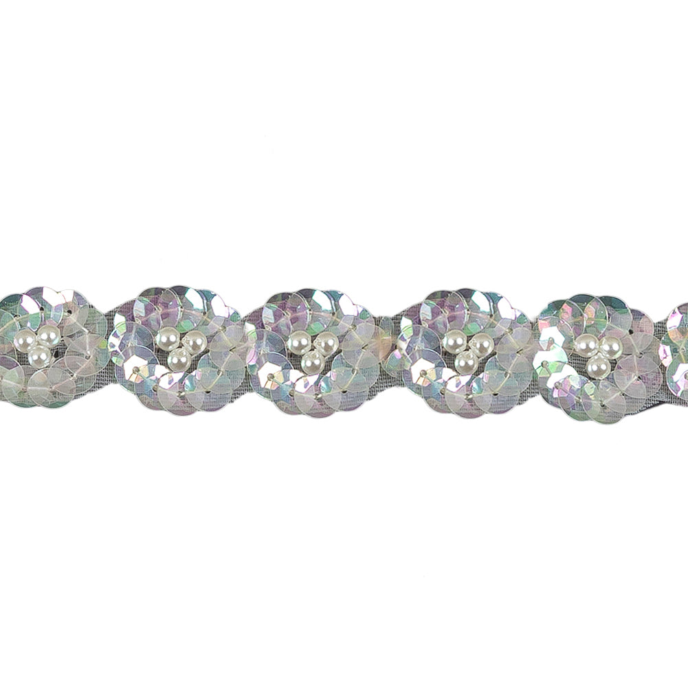 Vintage Iridescent Sequin Flowers Trim with Pearl Bead Centers - 0.75