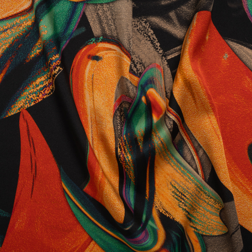 Stretch Silk Charmeuse Print - Black, Green and Orange Celestial Swooshes - Deadstock - Joann Fabrics