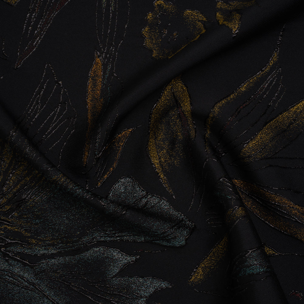 Metallic Acetate and Polyester Brocade - Black, Golden Yellow and Aqua Blue Delicate Flowers - Joann Fabrics