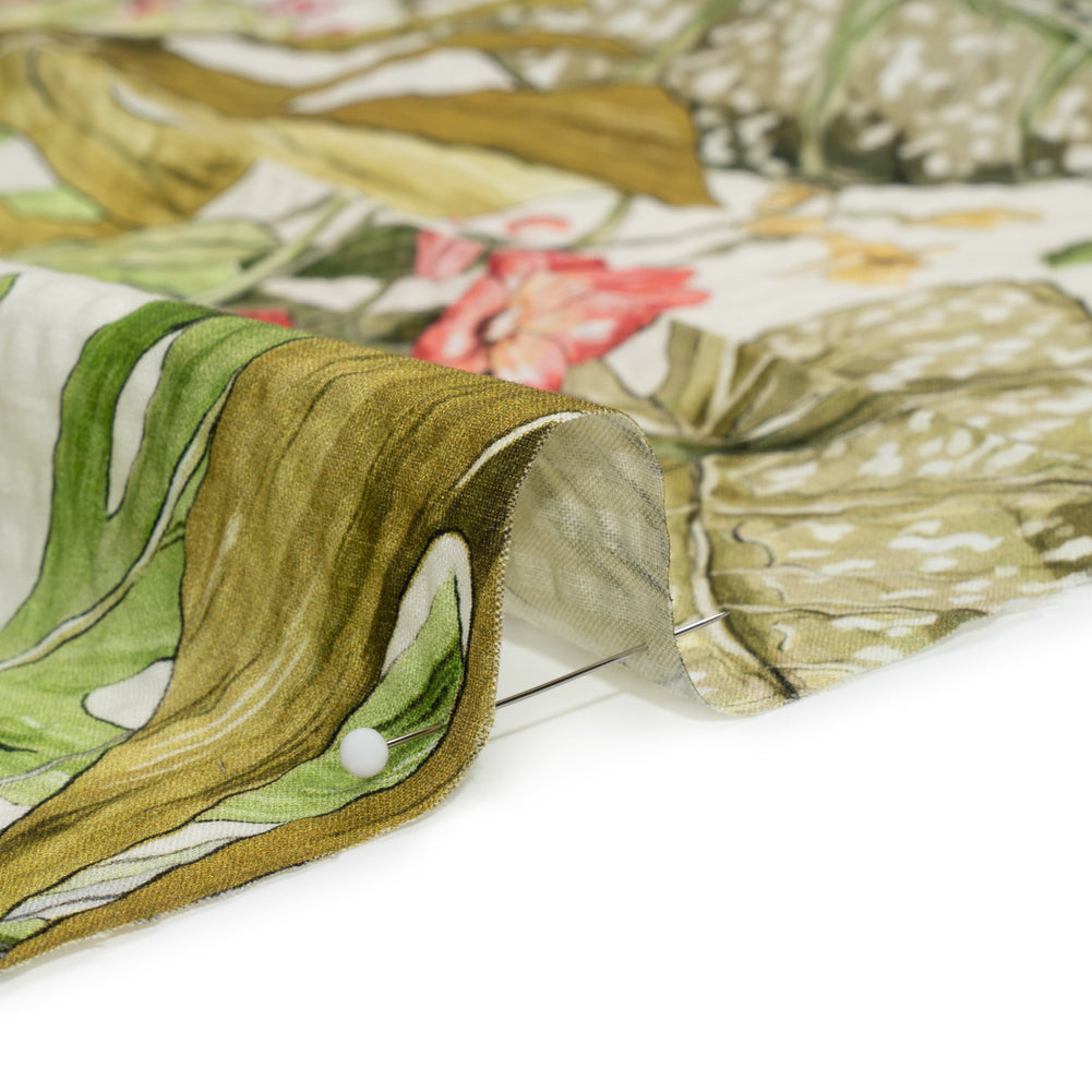 Cotton and Viscose Striped Seersucker Print - White, Green and Pink Tropical Leaves and Flowers - Mood Exclusive Monstera Mambo - Joann Fabrics