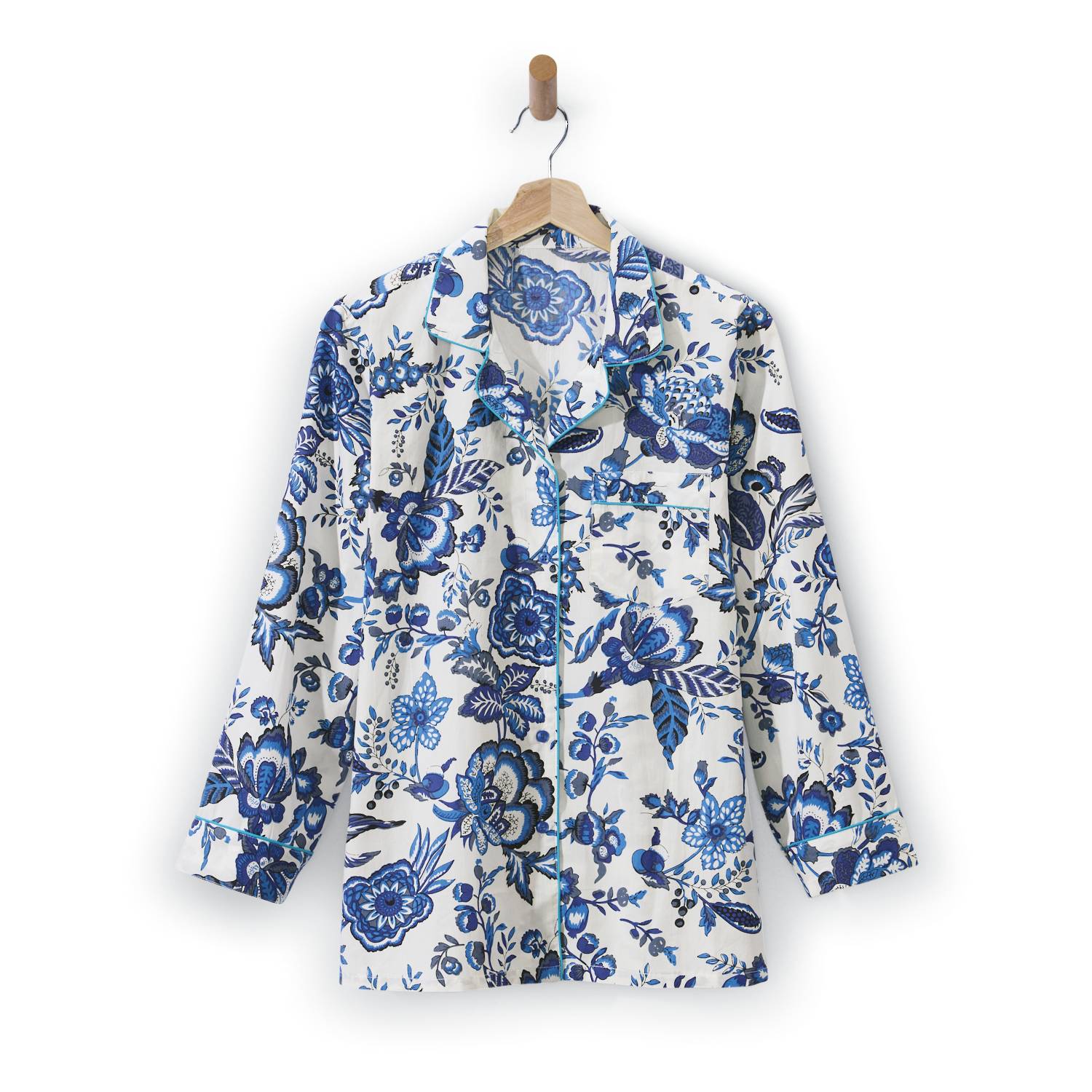 Folkloric Floral Cotton Pajamas, Button Front, Piping Trim - Northstyle Catalog