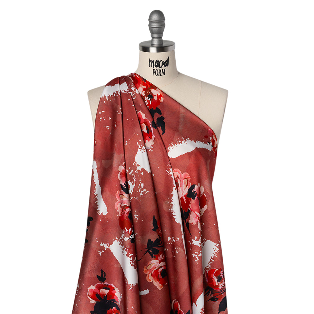 Polyester Satin - Hibiscus, Scarlet Red and Black Roses and Brushstrokes - Mood Exclusive Feel the Flow Print - Joann Fabrics