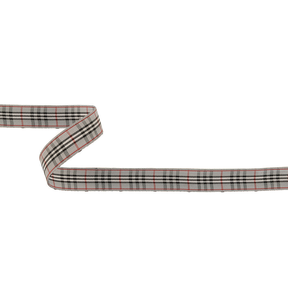Gray, Black and Red Plaid Woven Ribbon - 0.625