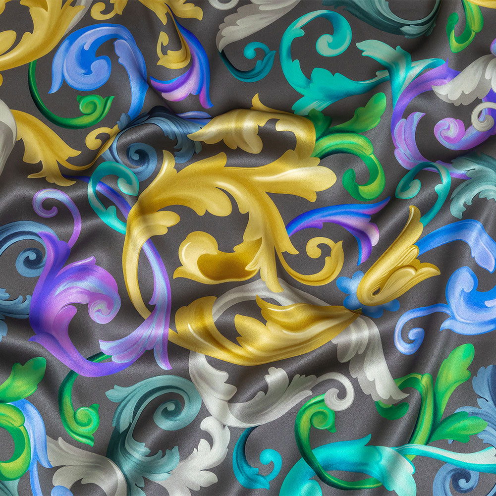 Mood Exclusive Italian Charcoal, Gold and Bougainvillea Ornate Swirls Silk Charmeuse - Joann Fabrics