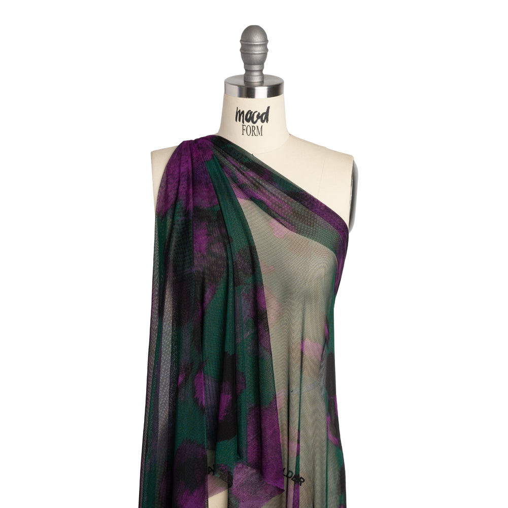 Polyester Stretch Mesh - Dark Green, Purple and Gold Ikat Floral - Designer Deadstock - Joann Fabrics