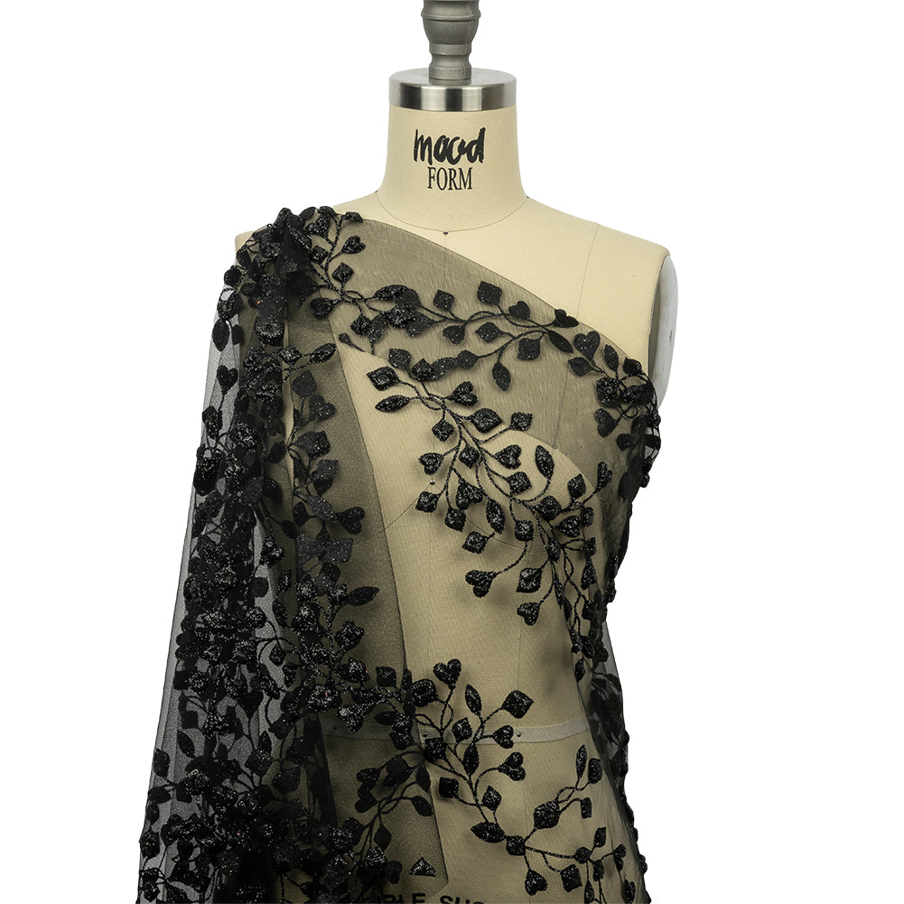 3D Puffy Glitter Tulle - Black Leafy Vines and Scalloped Borders - Joann Fabrics