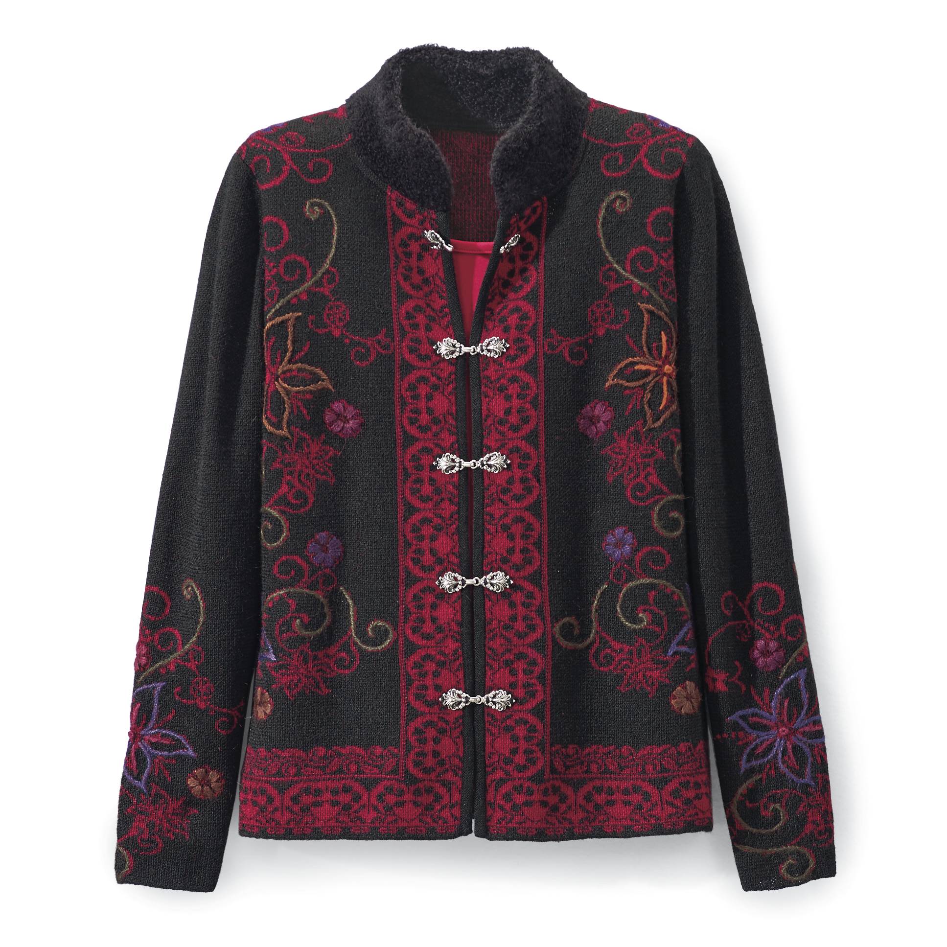 Jacquard & Embroidered Alpaca Cardigan, Metal Closures, Stand Collar - Northstyle Catalog