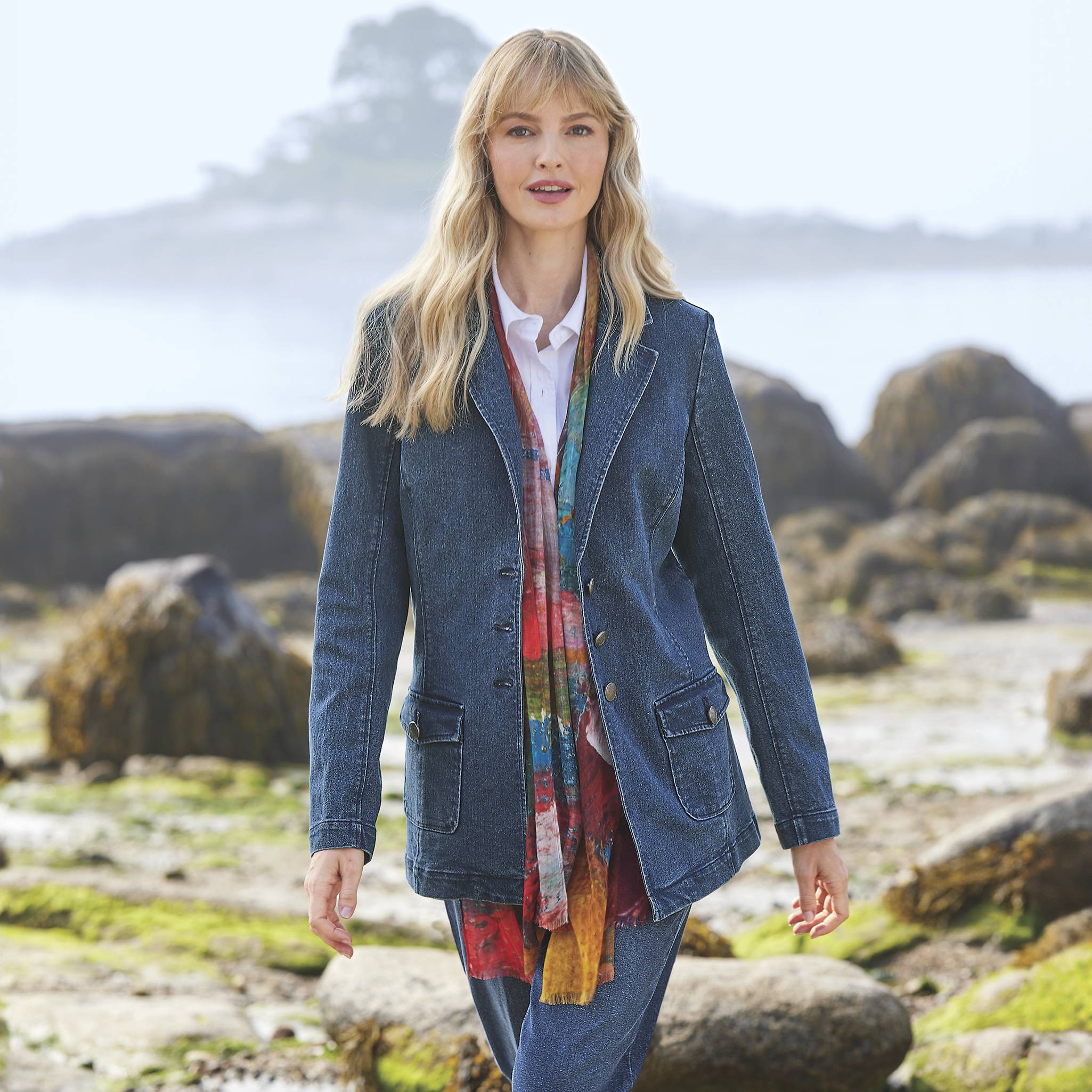 Notched-Collar Denim Blazer, Button Front, Pockets, Back Vent - Northstyle Catalog