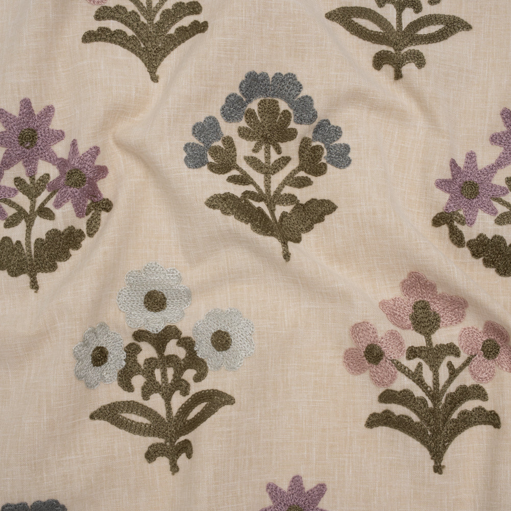 Polyester and Cotton Slubbed Drapery Woven with Viscose Embroidery - Iris Simple Flowers - British Imported - Joann Fabrics