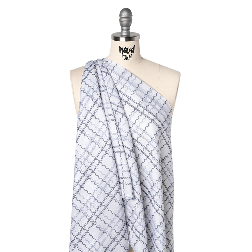 Cotton Jacquard Shirting - Charcoal, Pale Blue and White Wavy Lines Plaid - Deadstock - Joann Fabrics