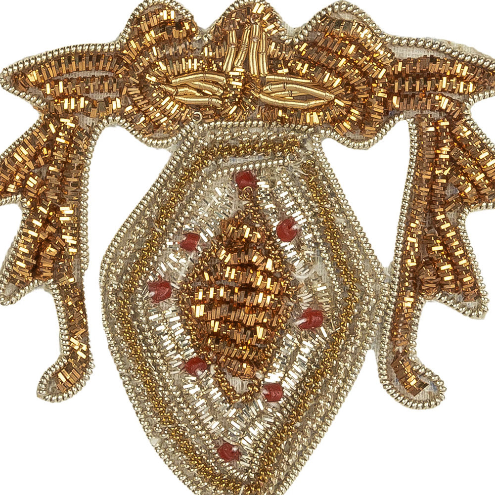 Vintage Metallic Gold and Red Diamond Crest Bullion Embroidered and Beaded Applique - 2.75