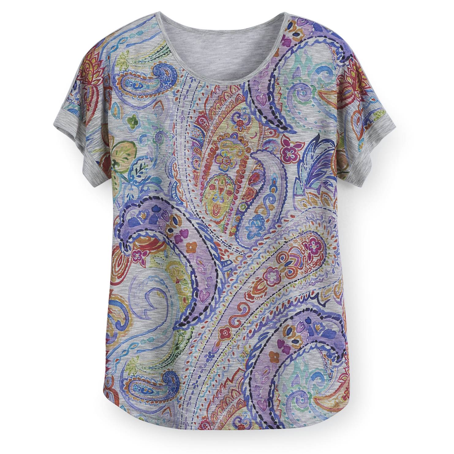 Paisley Slub Knit Top, Dolman Short Sleeves, Curved Hem - Northstyle Catalog