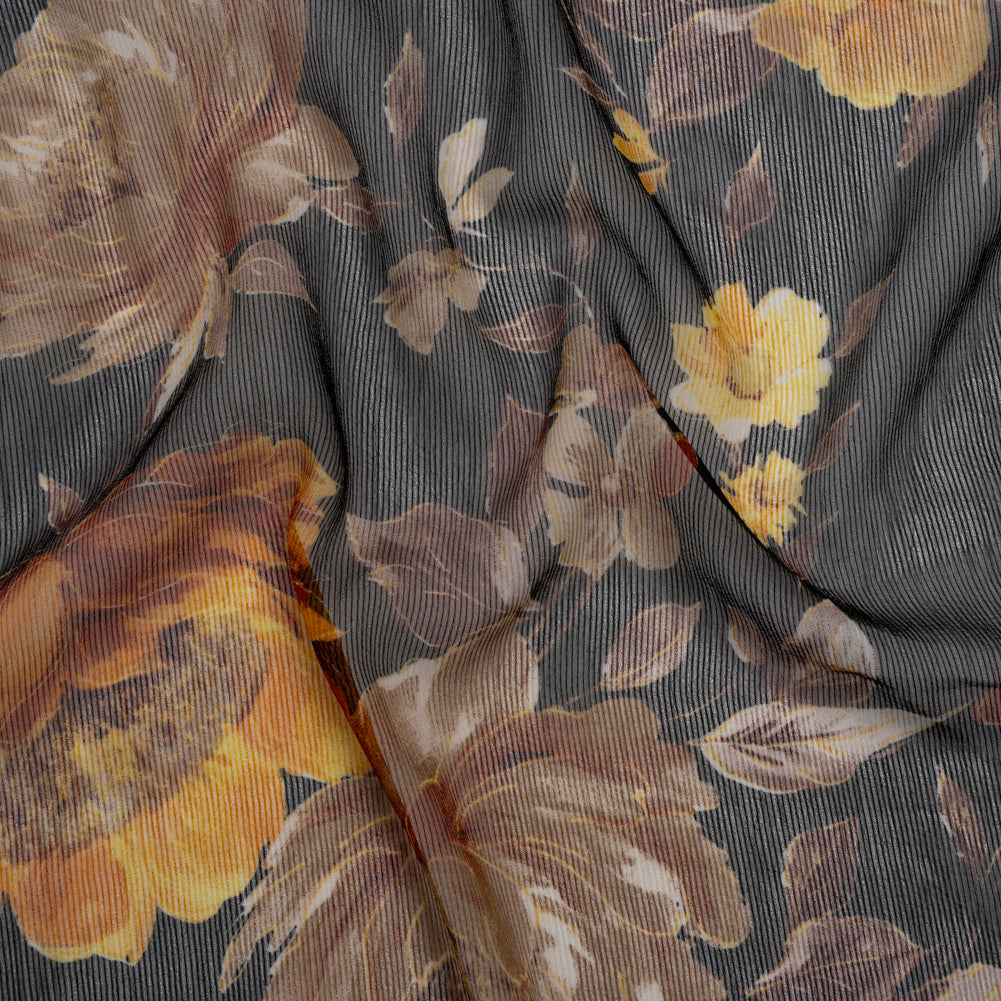 Polyester Chiffon Print with Textured Pinstripes - Black, Yellow and Orange Floral - Designer Deadstock - Joann Fabrics