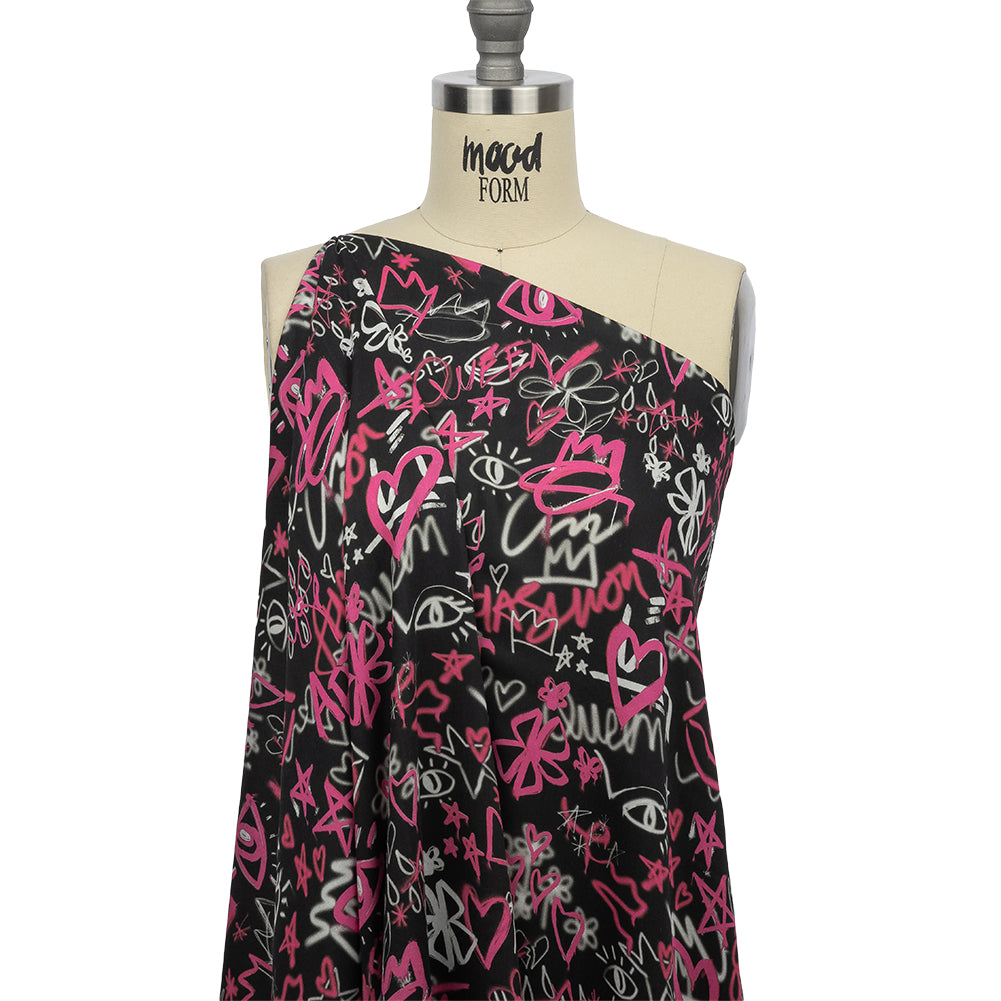 Rayon Challis - Pink and Black Graffiti Doodles - Spontaneous Collaboration Print - Mood Exclusive Metro Collection - Joann Fabrics